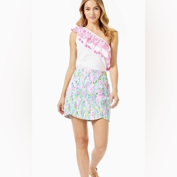 Lilly Pulitzer Idara Resort White Pink Pom Pon One Shoulder Top Ruffle XL - Picture 2 of 7